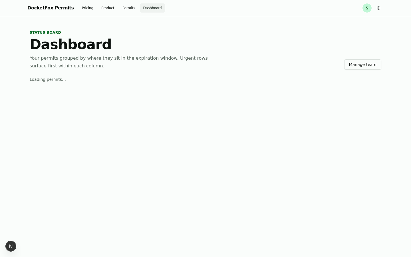 Dashboard status board — permits sorted into Open, Approaching, Expired, and Closed columns by where they sit in the expiration window.