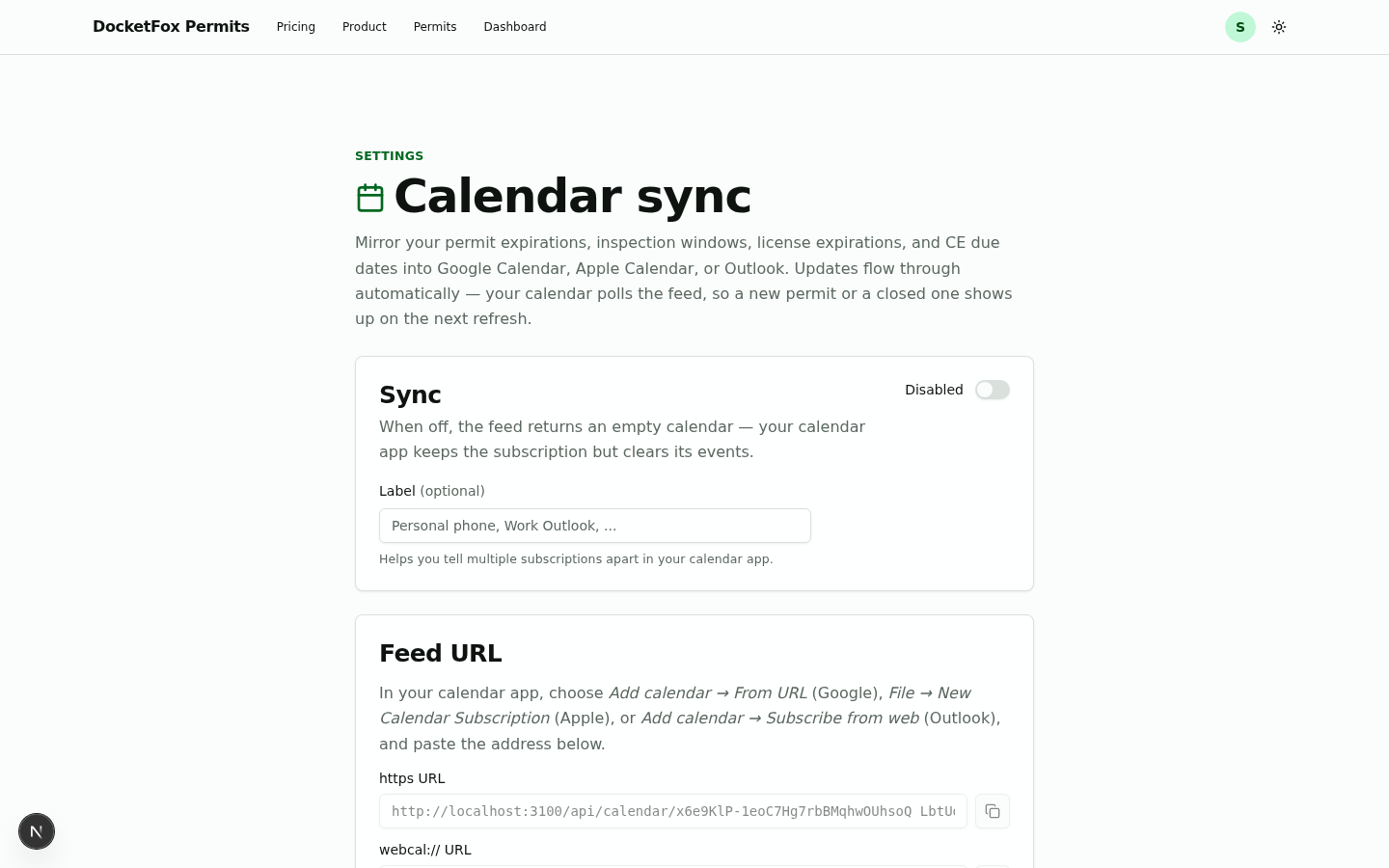 Expiration alerts — sample email notification preview and a calendar feed URL with a copy-to-clipboard button.