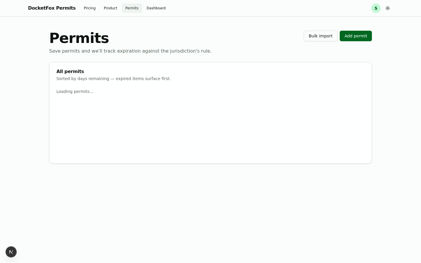 Permits list — sortable table with address, jurisdiction, permit number, issue date, inspection, and days remaining; expired rows pinned to the top.