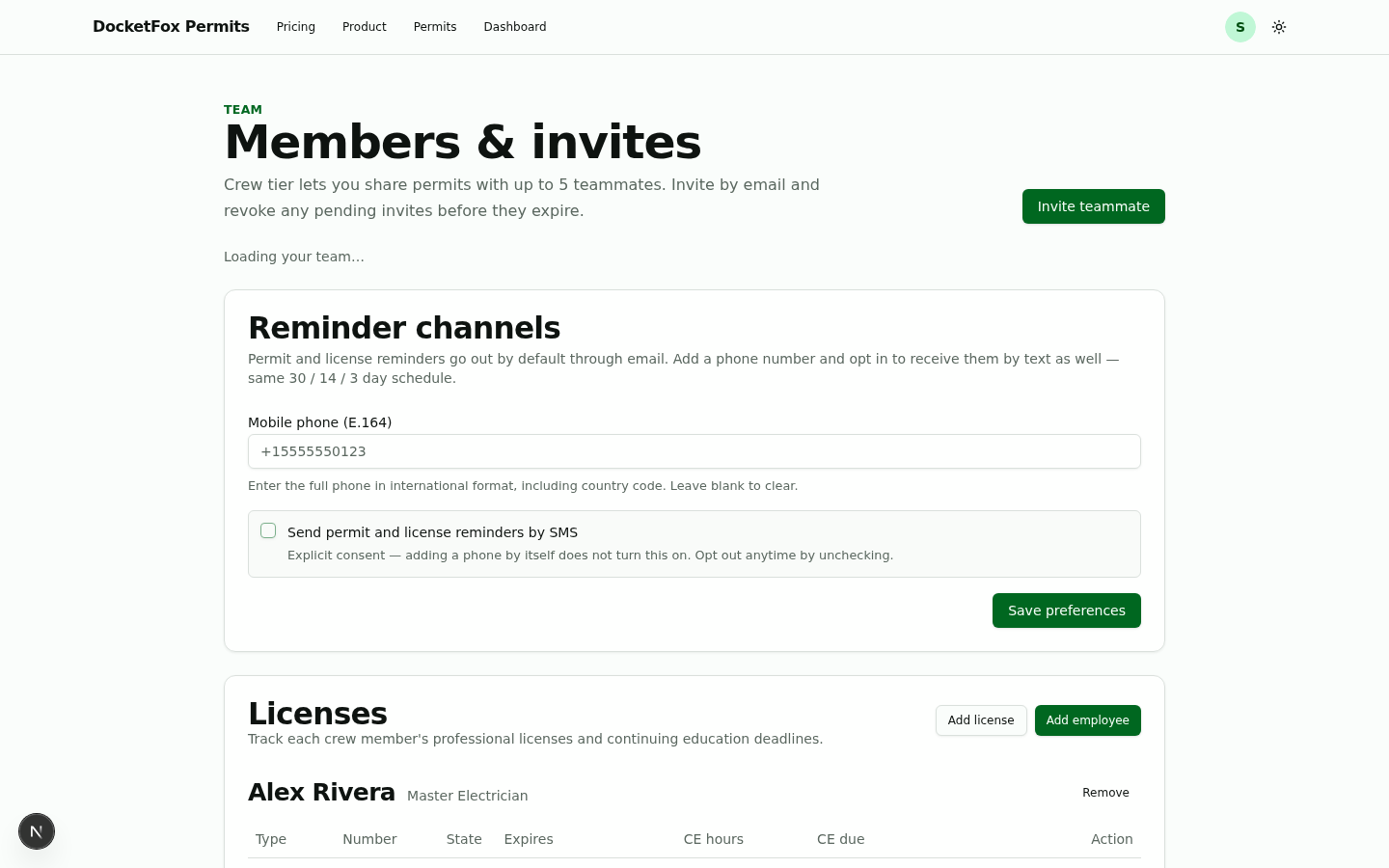 Team management — members table with OWNER and CREW role badges, a pending invites row, and per-employee license cards showing CE hours and red/amber expiry badges.